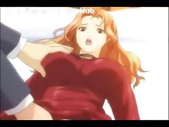 Busty blonde anime goes down on his big cock and then rides it