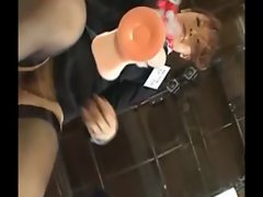 Dirty asian stewardesses sit on dildos with their wet pussies